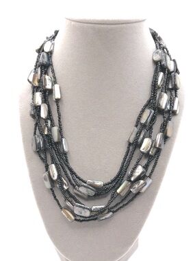 Multi-Strand Black Seed Bead & Shell Chips Necklace